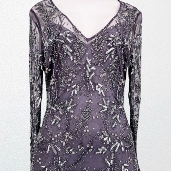 NEW Camille La Vie Long Sleeve Beaded V-Neck Godet Dress Gunmetal Gray SZ 10 - Picture 6 of 13